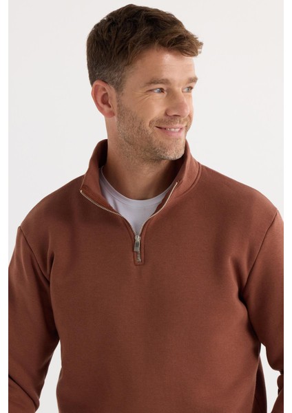 Unisex Relax Fit Rahat Kesim Pamuklu İçi Polarlı Yarım Fermuarlı Kahverengi Dik Yaka Sweatshirt fiyatları