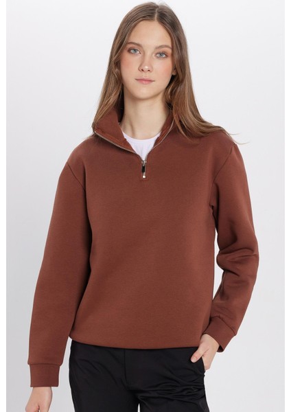 Unisex Relax Fit Rahat Kesim Pamuklu İçi Polarlı Yarım Fermuarlı Kahverengi Dik Yaka Sweatshirt modelleri