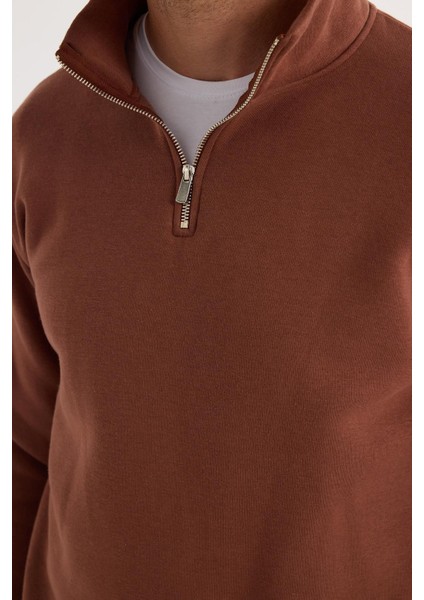 Unisex Relax Fit Rahat Kesim Pamuklu İçi Polarlı Yarım Fermuarlı Kahverengi Dik Yaka Sweatshirt fırsatları