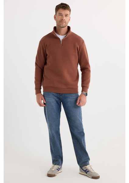 Unisex Relax Fit Rahat Kesim Pamuklu İçi Polarlı Yarım Fermuarlı Kahverengi Dik Yaka Sweatshirt indirimleri