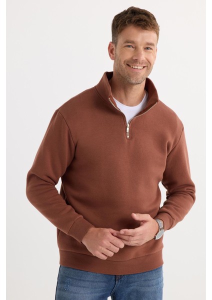Unisex Relax Fit Rahat Kesim Pamuklu İçi Polarlı Yarım Fermuarlı Kahverengi Dik Yaka Sweatshirt