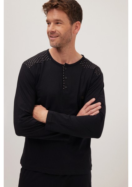 Erkek Standart Fit Normal Kesim %100 Pamuk Bisiklet Yaka Beli Lastikli Siyah Pijama Takımı fiyatları