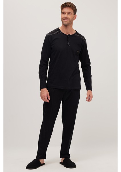 Erkek Standart Fit Normal Kesim %100 Pamuk Bisiklet Yaka Beli Lastikli Siyah Pijama Takımı fırsatları