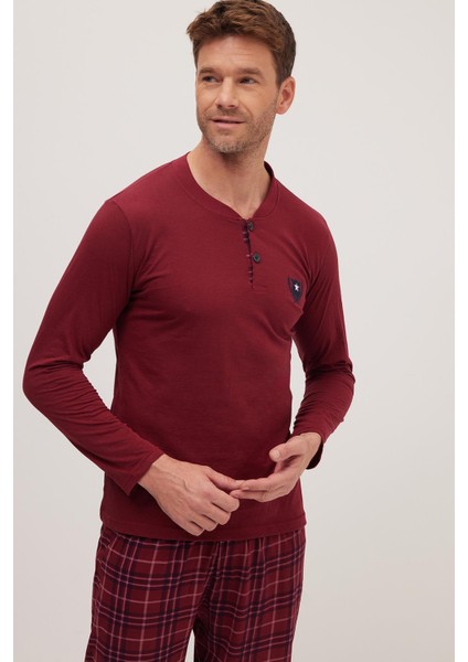 Erkek Regular Fit Pamuklu Düğmeli Yaka Beli Lastikli Desenli Bordo Pijama Takımı