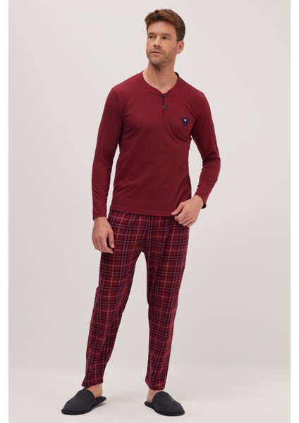 Erkek Regular Fit Pamuklu Düğmeli Yaka Beli Lastikli Desenli Bordo Pijama Takımı modelleri