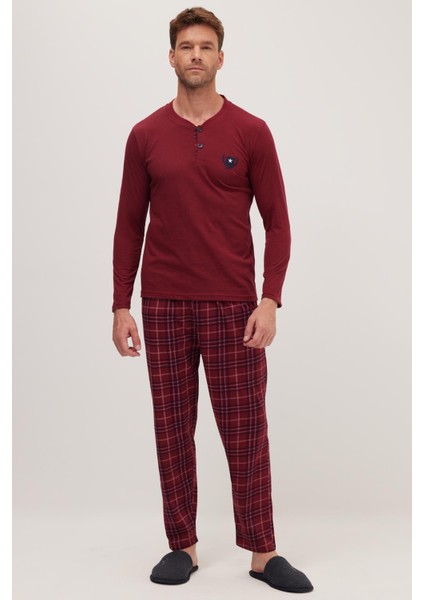 Erkek Regular Fit Pamuklu Düğmeli Yaka Beli Lastikli Desenli Bordo Pijama Takımı fırsatları