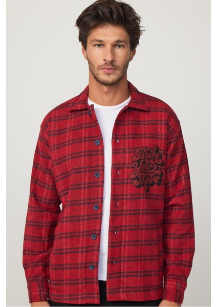 Relax Fit Uzun Kollu Kareli Baskılı Fleto Cep Salaş Kışlık Oduncu Kırmızı-siyah Erkek Gömlek