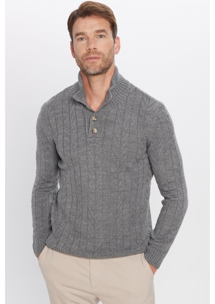 Erkek Slim Fit Dar Kesim Yumuşak Dokulu Desenli Dik Yaka Düğmeli Gri Triko Kazak fiyatları