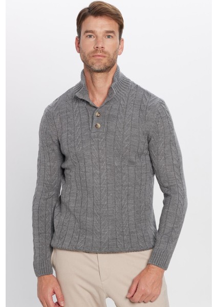 Erkek Slim Fit Dar Kesim Yumuşak Dokulu Desenli Dik Yaka Düğmeli Gri Triko Kazak modelleri