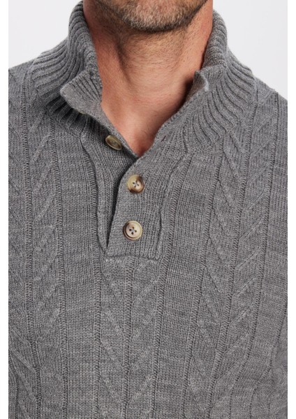 Erkek Slim Fit Dar Kesim Yumuşak Dokulu Desenli Dik Yaka Düğmeli Gri Triko Kazak fırsatları