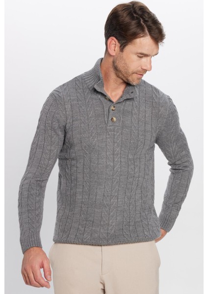 Erkek Slim Fit Dar Kesim Yumuşak Dokulu Desenli Dik Yaka Düğmeli Gri Triko Kazak indirimleri