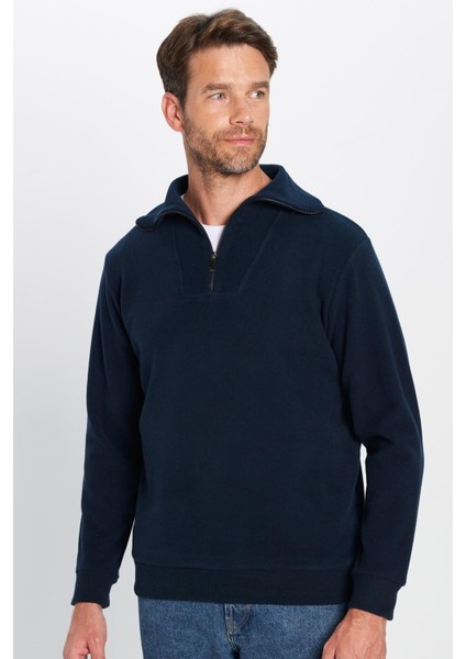 Unisex Relax Fit Rahat Kesim Fitilli Desenli Pamuklu Yarım Fermuarlı İndigo Dik Yaka Sweatshirt fiyatları