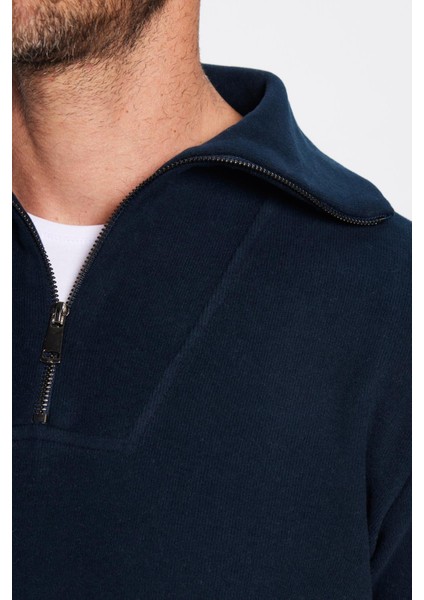 Unisex Relax Fit Rahat Kesim Fitilli Desenli Pamuklu Yarım Fermuarlı İndigo Dik Yaka Sweatshirt modelleri