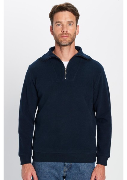 Unisex Relax Fit Rahat Kesim Fitilli Desenli Pamuklu Yarım Fermuarlı İndigo Dik Yaka Sweatshirt fırsatları