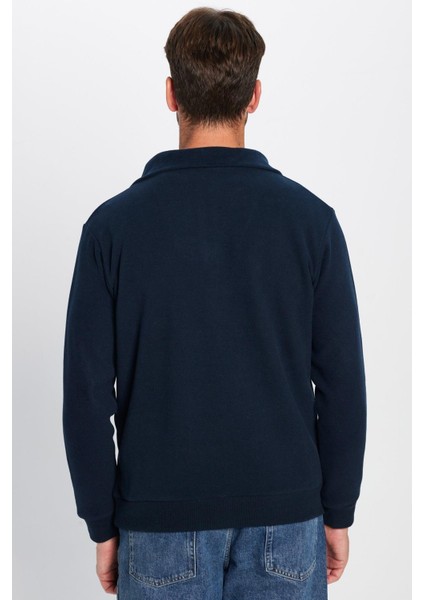 Unisex Relax Fit Rahat Kesim Fitilli Desenli Pamuklu Yarım Fermuarlı İndigo Dik Yaka Sweatshirt indirimleri
