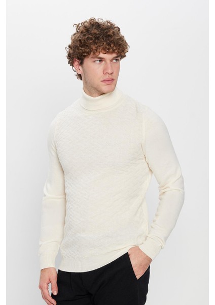 Tam Balıkçı Yaka Önü Desenli Ekru Erkek Triko Kazak fiyatları