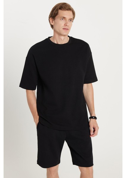 Erkek Standart Fit %100 Pamuk Bisiklet Yaka Beli Bağcıklı Siyah Şort Takım fiyatları
