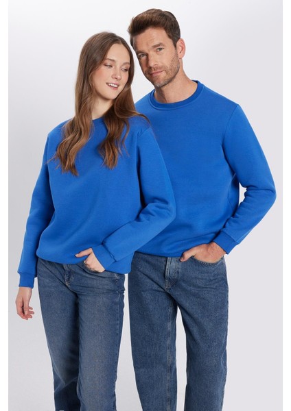 Unisex Relax Fit Rahat Kesim Pamuklu Yumuşak Dokulu Polarlı Basic Saks Mavi Bisiklet Yaka Sweatshirt modelleri
