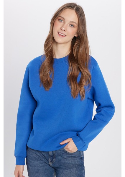 Unisex Relax Fit Rahat Kesim Pamuklu Yumuşak Dokulu Polarlı Basic Saks Mavi Bisiklet Yaka Sweatshirt fırsatları