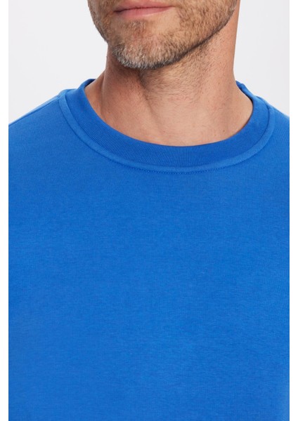 Unisex Relax Fit Rahat Kesim Pamuklu Yumuşak Dokulu Polarlı Basic Saks Mavi Bisiklet Yaka Sweatshirt indirimleri