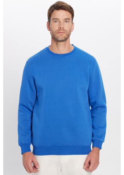 Unisex Relax Fit Rahat Kesim Pamuklu Yumuşak Dokulu Polarlı Basic Saks Mavi Bisiklet Yaka Sweatshirt