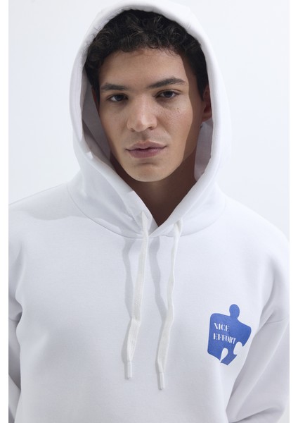 Unisex Oversize Geniş Kesim Pamuklu Yumuşak Dokulu İçi Polarlı Baskılı Beyaz Kapüşonlu Sweatshirt fiyatları