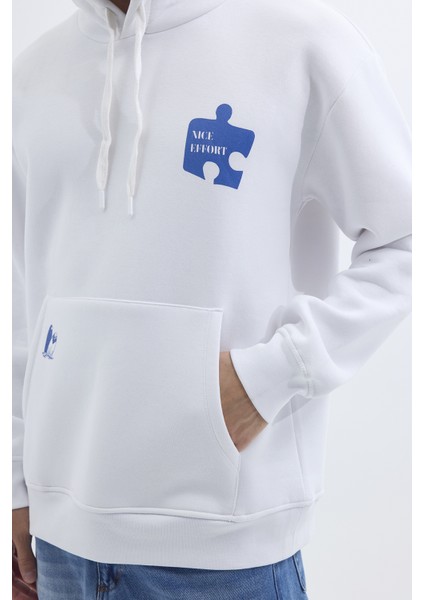 Unisex Oversize Geniş Kesim Pamuklu Yumuşak Dokulu İçi Polarlı Baskılı Beyaz Kapüşonlu Sweatshirt modelleri