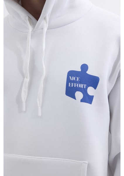 Unisex Oversize Geniş Kesim Pamuklu Yumuşak Dokulu İçi Polarlı Baskılı Beyaz Kapüşonlu Sweatshirt