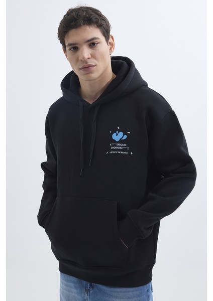 Unisex Oversize Geniş Kesim Pamuklu Yumuşak Dokulu İçi Polarlı Baskılı Siyah Kapüşonlu Sweatshirt fiyatları