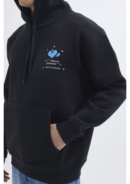 Unisex Oversize Geniş Kesim Pamuklu Yumuşak Dokulu İçi Polarlı Baskılı Siyah Kapüşonlu Sweatshirt fırsatları