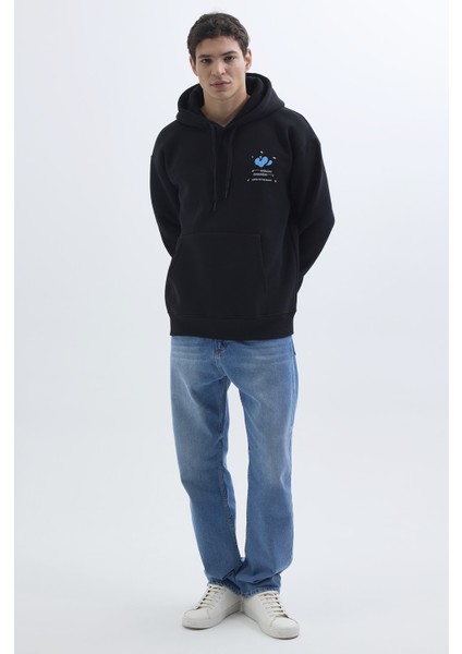 Unisex Oversize Geniş Kesim Pamuklu Yumuşak Dokulu İçi Polarlı Baskılı Siyah Kapüşonlu Sweatshirt indirimleri