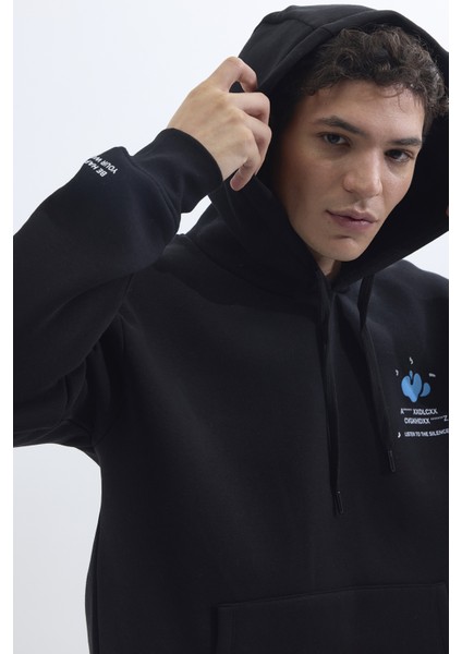 Unisex Oversize Geniş Kesim Pamuklu Yumuşak Dokulu İçi Polarlı Baskılı Siyah Kapüşonlu Sweatshirt