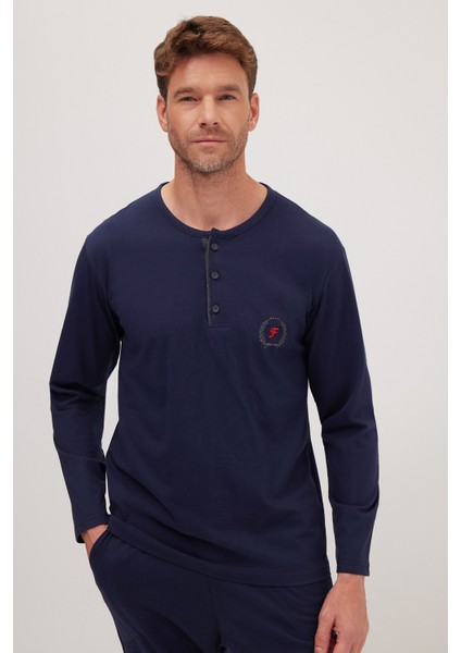 Erkek Standart Fit %100 Pamuk Bisiklet Yaka Beli Lastikli Lacivert Pijama Takımı fiyatları