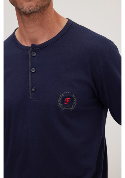 Erkek Standart Fit %100 Pamuk Bisiklet Yaka Beli Lastikli Lacivert Pijama Takımı modelleri