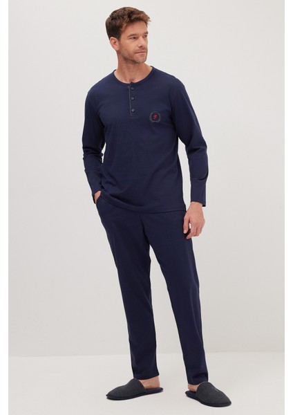 Erkek Standart Fit %100 Pamuk Bisiklet Yaka Beli Lastikli Lacivert Pijama Takımı indirimleri
