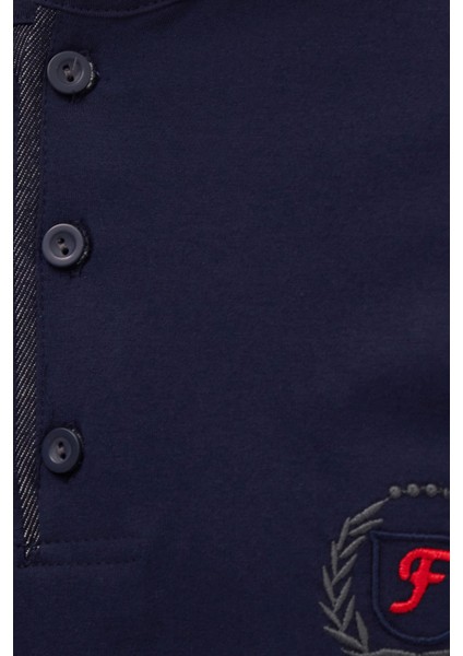 Erkek Standart Fit %100 Pamuk Bisiklet Yaka Beli Lastikli Lacivert Pijama Takımı