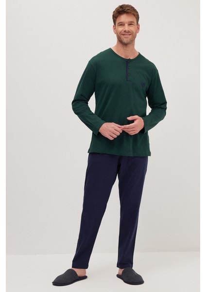 Erkek Standart Fit Normal Kesim %100 Pamuk Bisiklet Yaka Beli Lastikli Lacivert Pijama Takımı fırsatları
