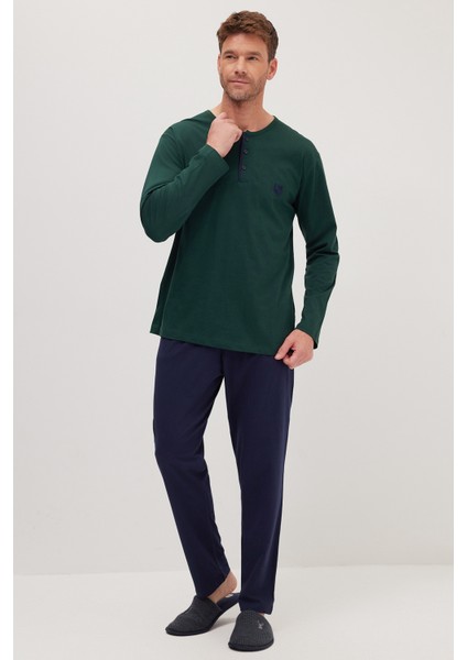 Erkek Standart Fit Normal Kesim %100 Pamuk Bisiklet Yaka Beli Lastikli Lacivert Pijama Takımı indirimleri