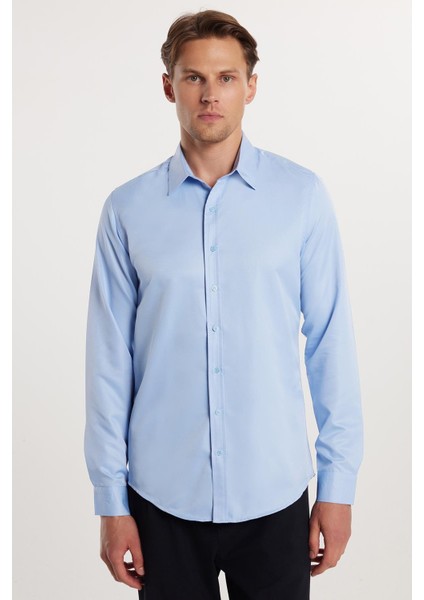 Slim Fit Uzun Kollu Kolay Ütü Teri Emen Nefes Alan Doku Kravatlık Dört Mevsim Mavi Erkek Gömlek modelleri