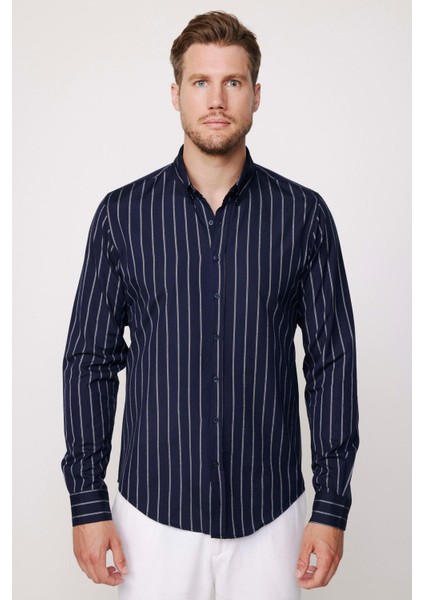 Slim Fit Pamuklu Kolay Ütü Çizgili Lacivert Erkek Gömlek fiyatları
