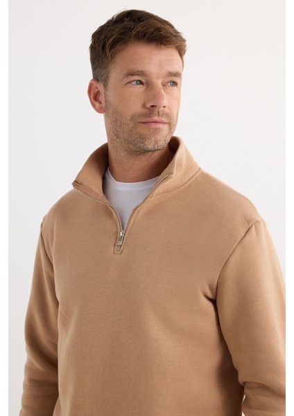 Unisex Relax Fit Rahat Kesim Pamuklu Içi Polarlı Yarım Fermuarlı Vizon Dik Yaka Sweatshirt
