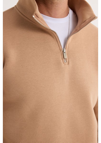 Unisex Relax Fit Rahat Kesim Pamuklu Içi Polarlı Yarım Fermuarlı Vizon Dik Yaka Sweatshirt fiyatları