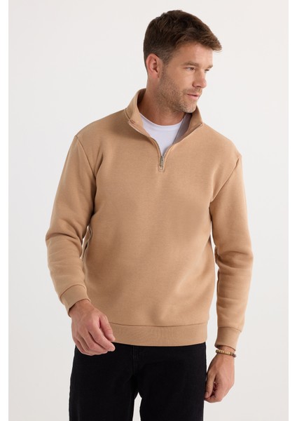 Unisex Relax Fit Rahat Kesim Pamuklu Içi Polarlı Yarım Fermuarlı Vizon Dik Yaka Sweatshirt modelleri