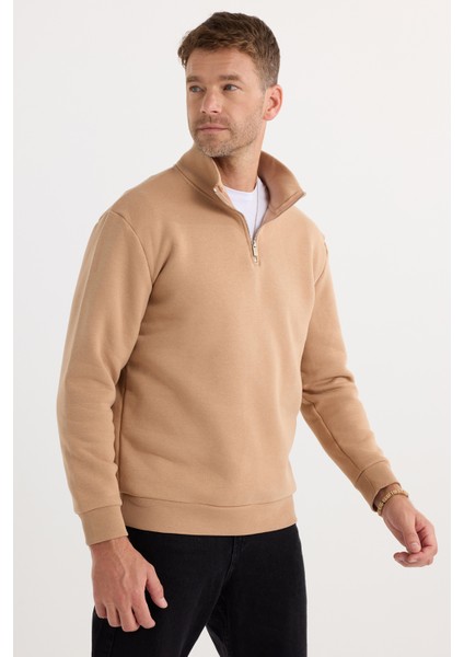 Unisex Relax Fit Rahat Kesim Pamuklu Içi Polarlı Yarım Fermuarlı Vizon Dik Yaka Sweatshirt fırsatları