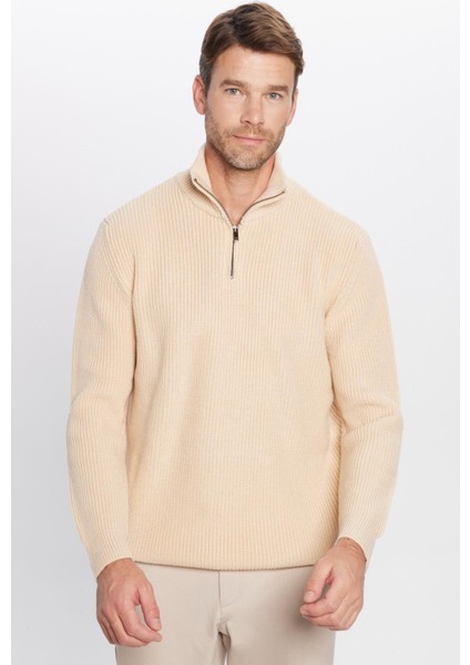 Erkek Slim Fit Dar Kesim Fermuarlı Krem Dik Yaka Triko Kazak fiyatları