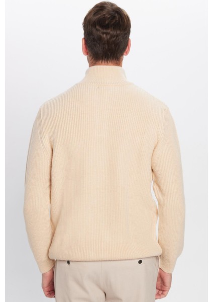 Erkek Slim Fit Dar Kesim Fermuarlı Krem Dik Yaka Triko Kazak indirimleri