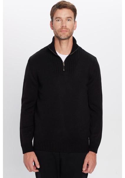 Erkek Slim Fit Dar Kesim Armürlü Fermuarlı Siyah Dik Yaka Kazak