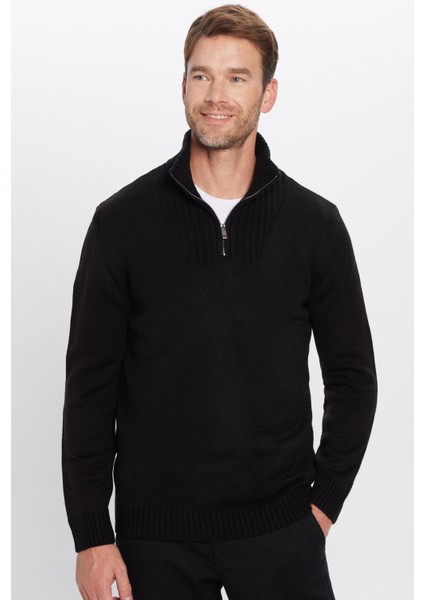 Erkek Slim Fit Dar Kesim Armürlü Fermuarlı Siyah Dik Yaka Kazak fiyatları