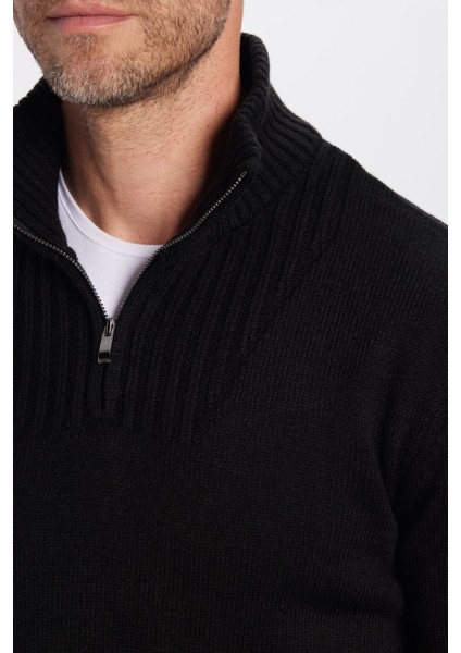 Erkek Slim Fit Dar Kesim Armürlü Fermuarlı Siyah Dik Yaka Kazak modelleri