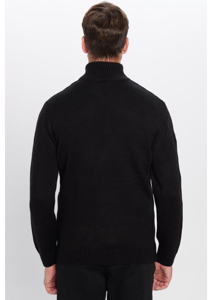 Erkek Slim Fit Dar Kesim Armürlü Fermuarlı Siyah Dik Yaka Kazak fırsatları